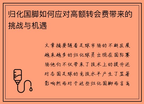归化国脚如何应对高额转会费带来的挑战与机遇